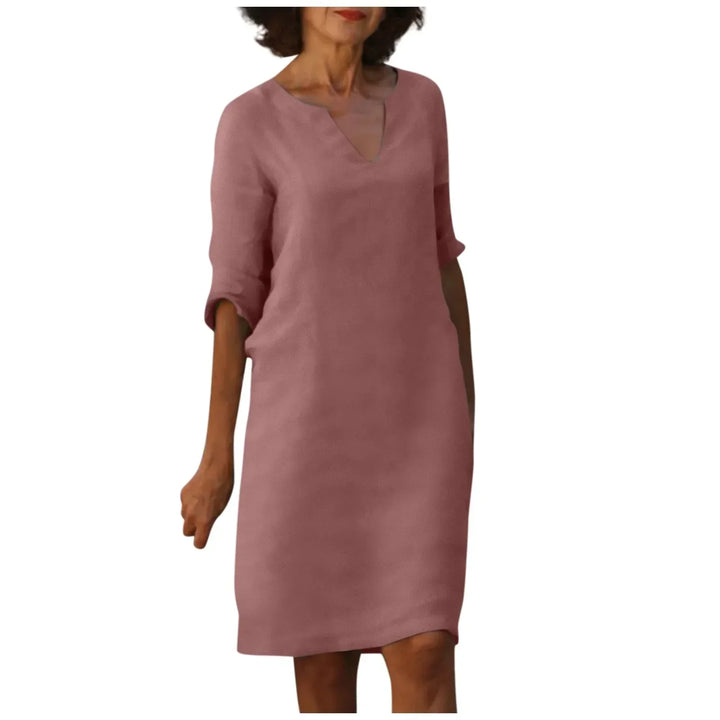 W&W Mode | Damen Baumwoll Leinen V-Ausschnitt Kleid Mit Halben Ärmeln