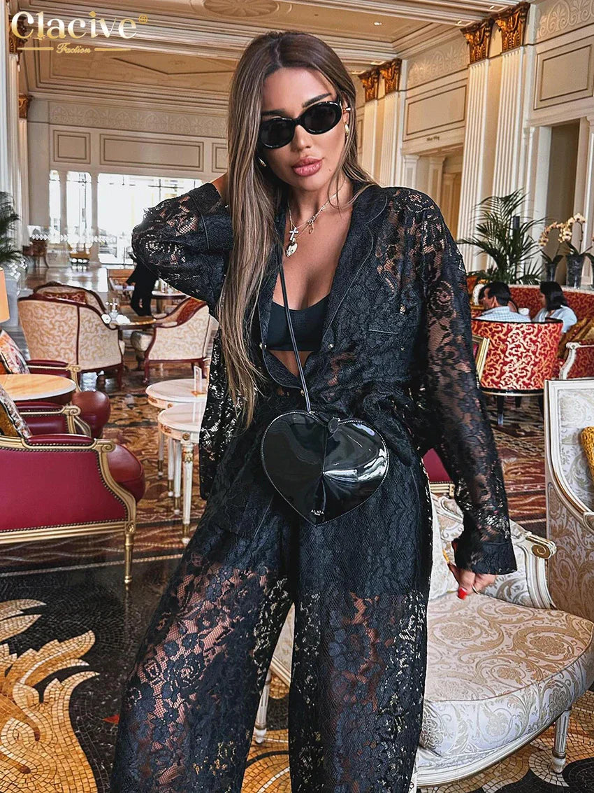 WW | Clacive Sexy Loose Schwarze Spitze Transparente Hosen Set Frauen 2 Stück Mode Langarm Shirt mit Hoher Taille Breite Hosen Set
