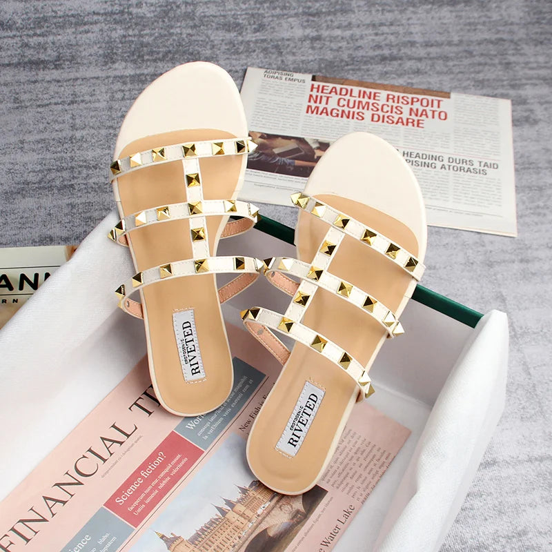 WW | Sommer Frauen Sandalen Damen Freizeit Slipper Flache Schuhe Einfache Stil Mode Nieten Design Gehen und Shoppen Große Größen
