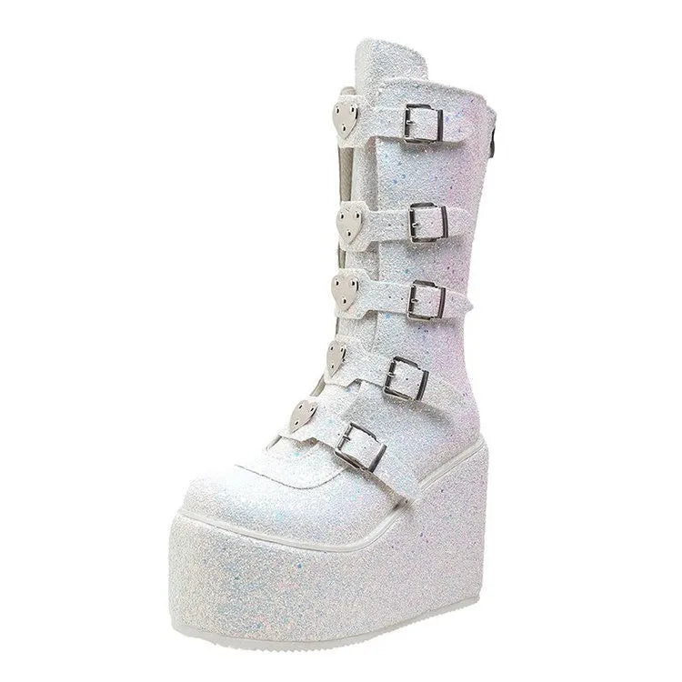 WW | Punk Frauen Pailletten Stiefel Damen Cosplay Hohe Stiefel Komfort Lange Röhrenstiefel Pink Plattform Hohe Wedges Frauen Schuhe Gothic Stiefel