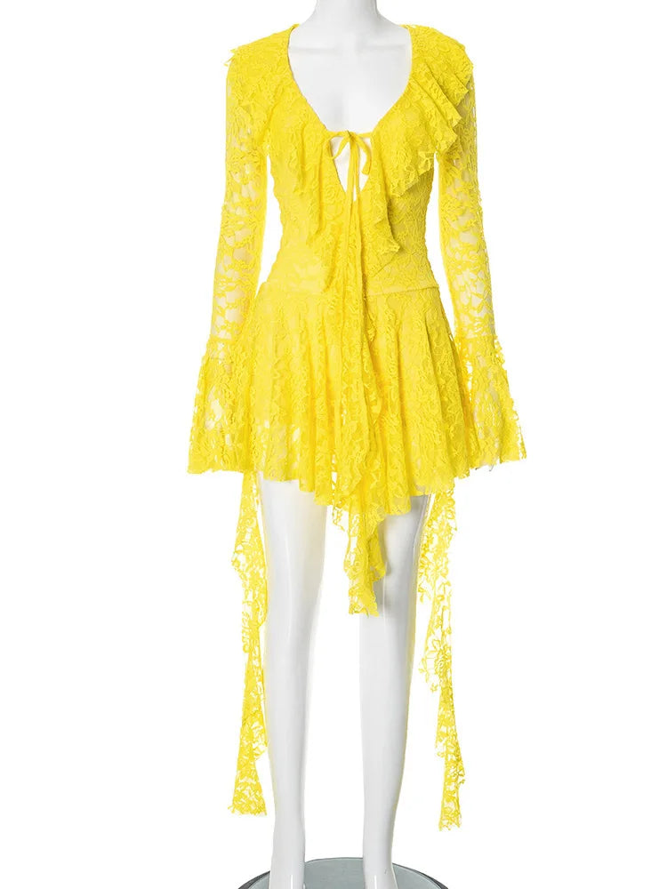 WW | Spitze Rüschen Sexy Mini Kleid für Frauen Robe Deep V-Ausschnitt Flare Lange Ärmel Drapiert A-Linie Club Party Kleid Vestido