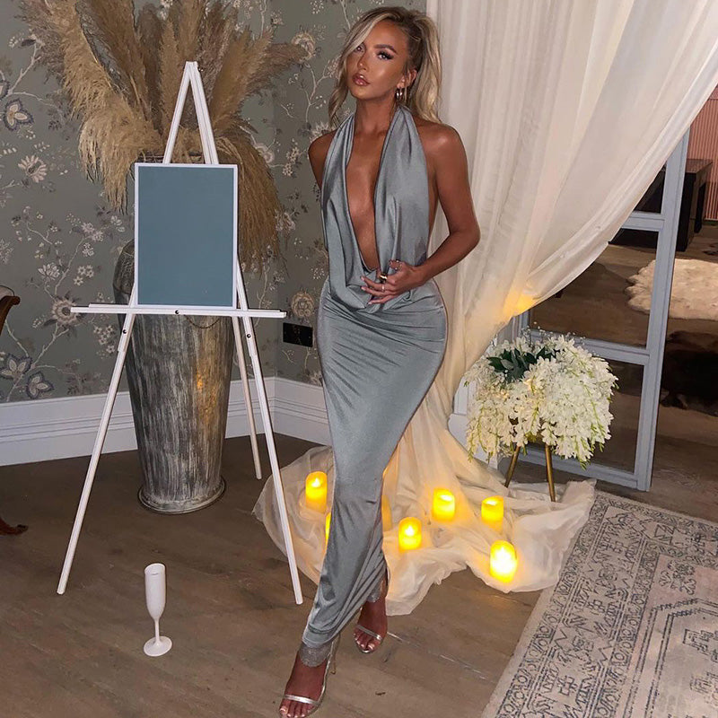 W&W Mode - Sexy langes Kleid mit V-Ausschnitt und Halterneck für Frauen