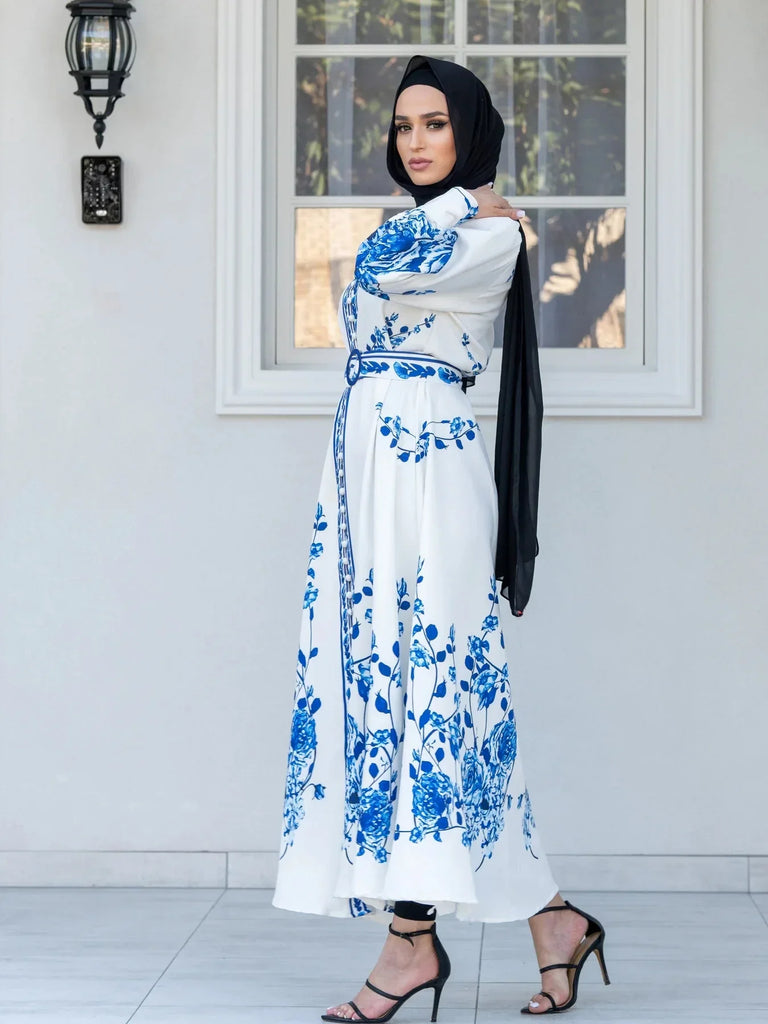 WW Blumenmuster-Kleid | Maxikleid mit langen Ärmeln und Blumendruck, mit Gürtel
