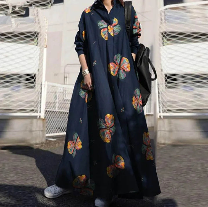 WW | Sommerdruck Baumwoll-Leinen-Mischung Maxikleid -Frühling und Sommer Noella