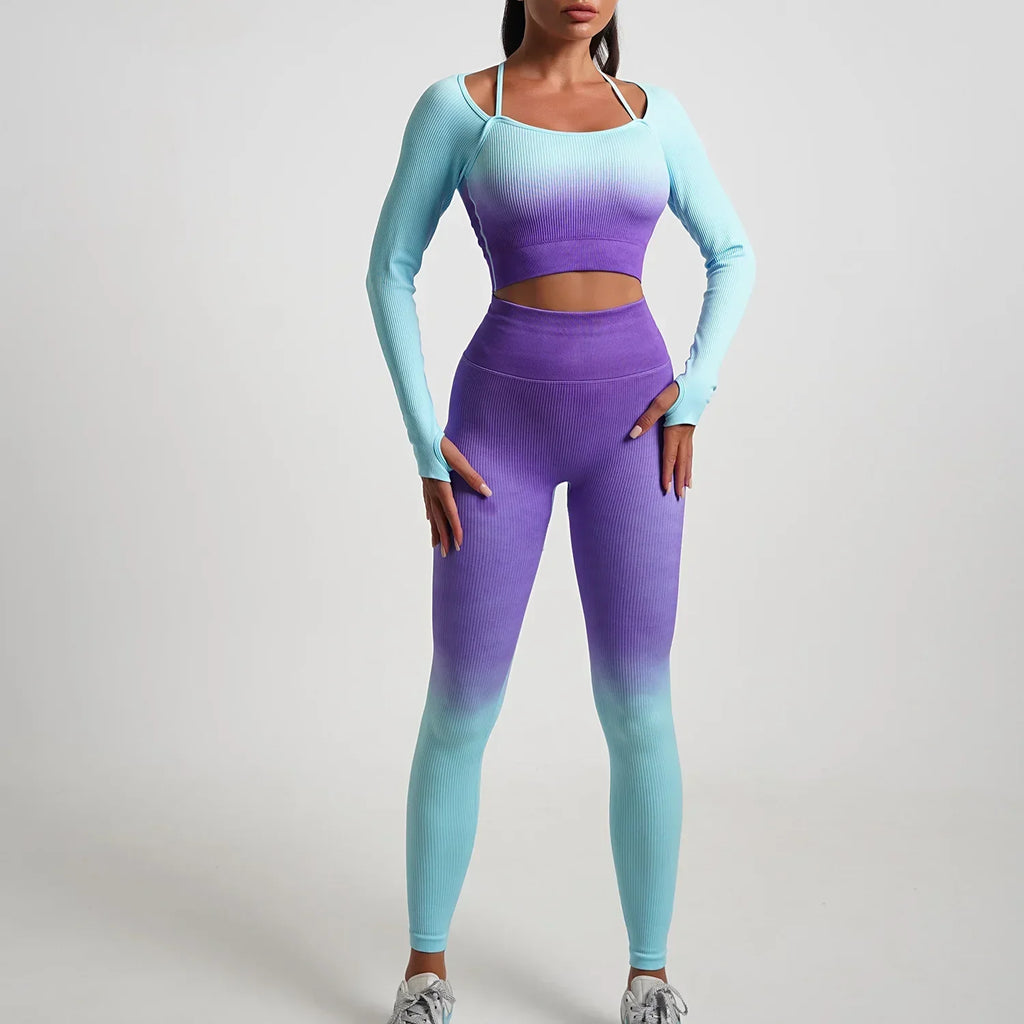 WW | Nahtlose Gradient Yoga Set Sport Fitness Hohe Taille Hip Lifting Hosen Langarm Anzüge Training Fitness Leggings Set für Frauen