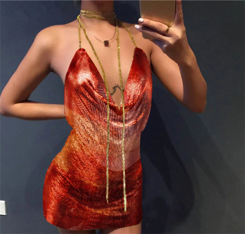 WW | Diamond Halter Rückenfreies Split Metallisch Mini Kleid