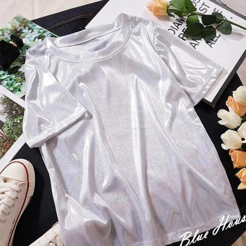 WW | S 5Xl Damen Funkelnd Shiny Metallisch Holografisch Rundhals Kurzarm Lässig Lose Top Festival Party T-Shirt Damenbekleidung
