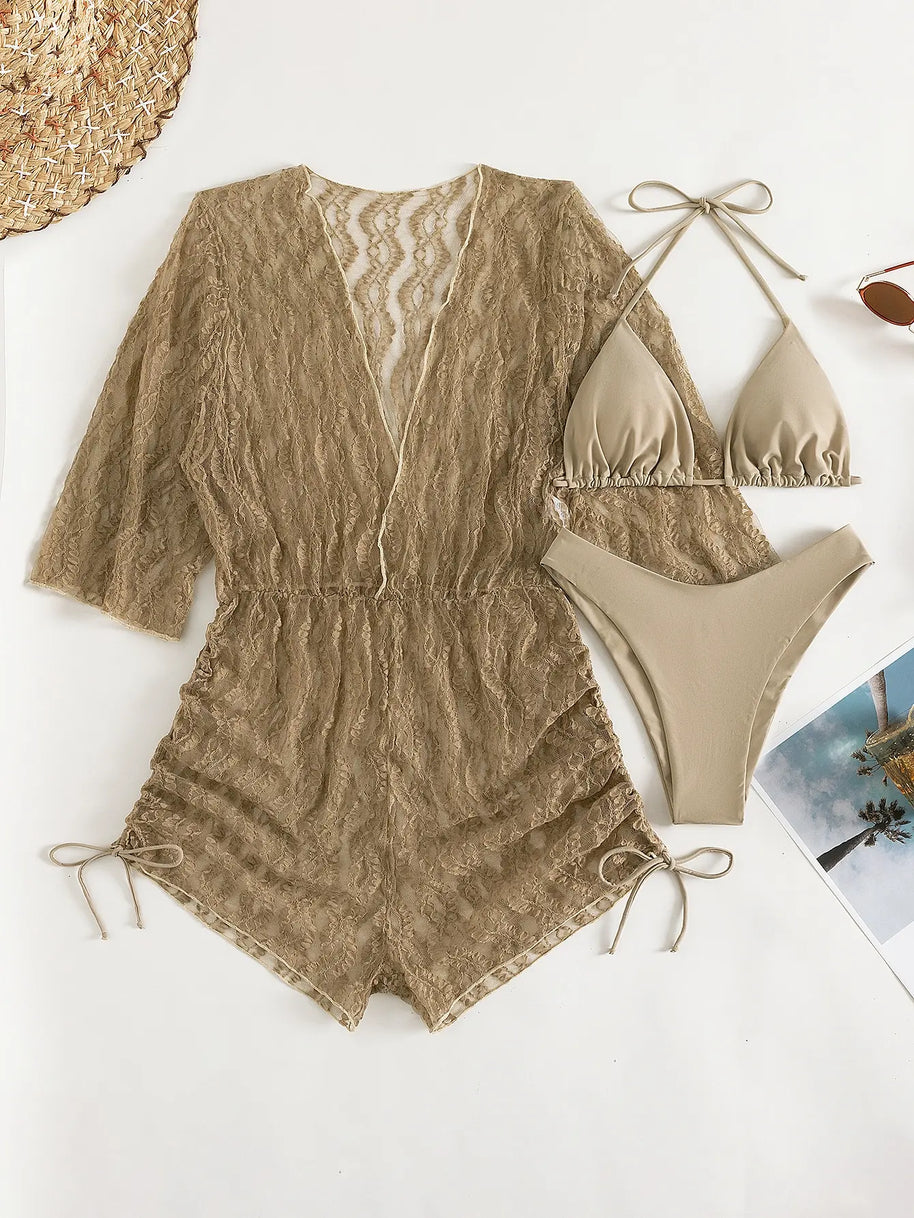 WW | 3 Stück Bikini Tropischer Druck Badebekleidung Halter Schnürseite Badebekleidung Frauen Badeanzug Weiblich Schwimmen Sommer Strandbekleidung