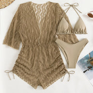 WW | 3 Stück Bikini Tropischer Druck Badebekleidung Halter Schnürseite Badebekleidung Frauen Badeanzug Weiblich Schwimmen Sommer Strandbekleidung