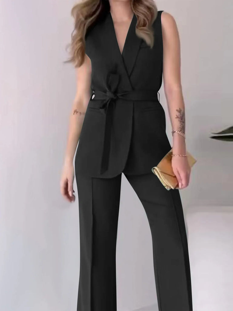 WW | Elegantes 2-teiliges ärmelloses Oberteil und lange Hosen Set einfarbig schlankes Set Damen Party Outfit