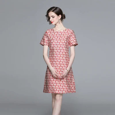 WW | Neue Mode Geometrie Jacquard Kurzarm Sommerkleid Chic Elegant Temperament A-Linie Rundhalskleid Frauen Vestidos