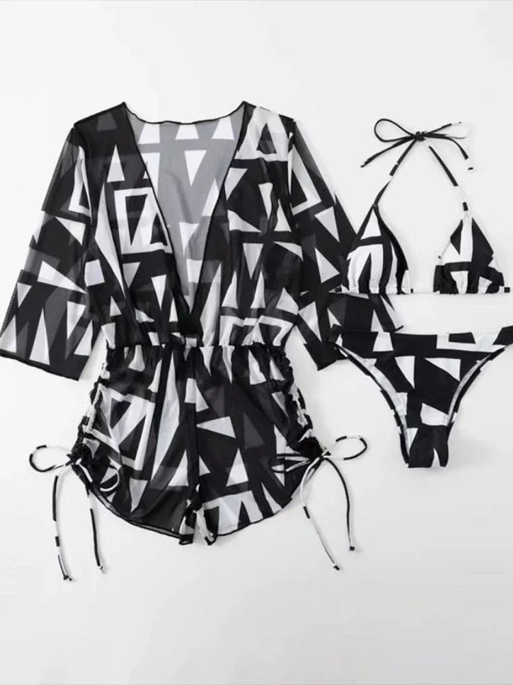 WW | 3 Stück Bikini Tropischer Druck Badebekleidung Halter Schnürseite Badebekleidung Frauen Badeanzug Weiblich Schwimmen Sommer Strandbekleidung
