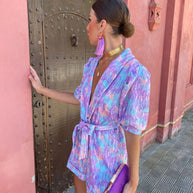 WW Bedruckter Jumpsuit | Moderner Jumpsuit für Damen mit tiefem V-Ausschnitt und kurzen Ärmeln