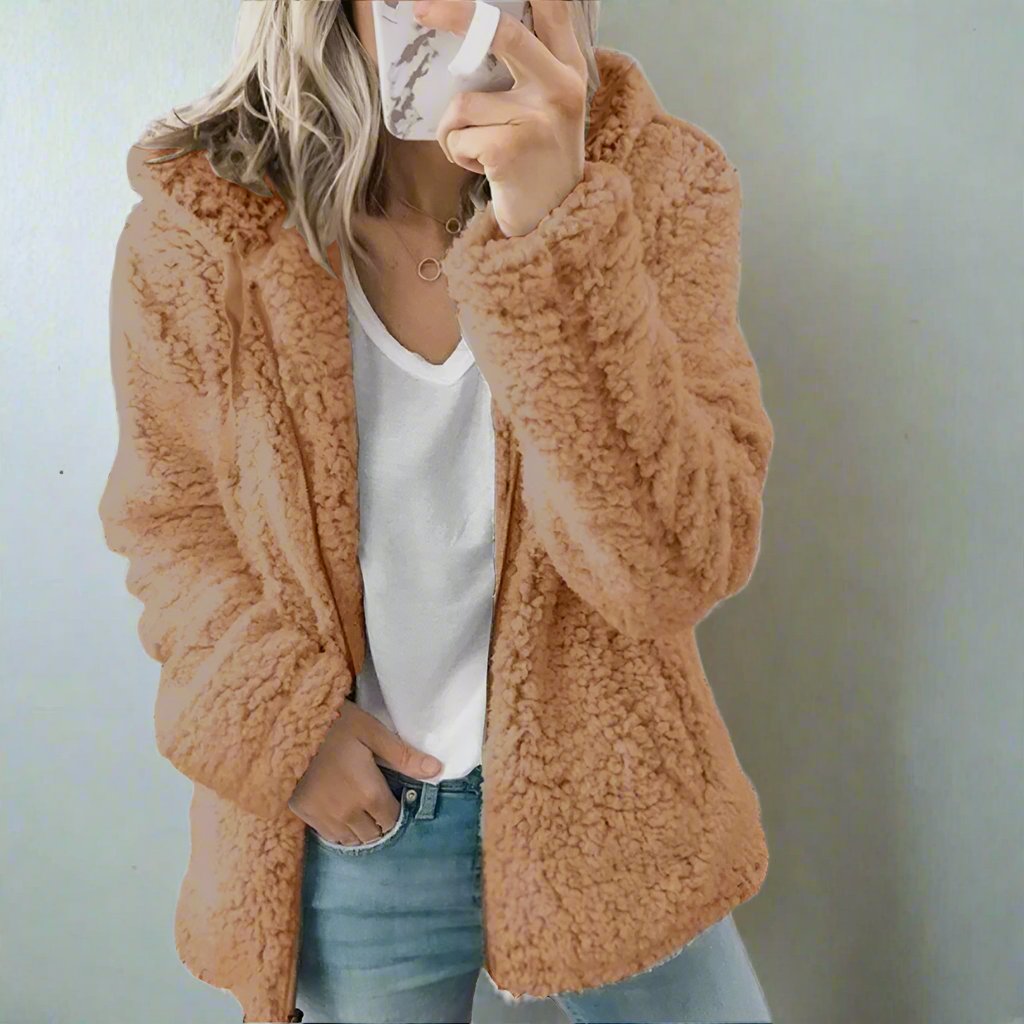 W&W Mode | Teddy-Fleecejacke mit Kapuze Damen - weiche Winterjacke mit Reißverschluss
