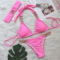WW | Pink Sexy Bikinis Schwimmbekleidung mit Herz Strass Damen Bademode Female Push-Up Bikini Strand Bademode Badeanzüge Pool Badebekleidung