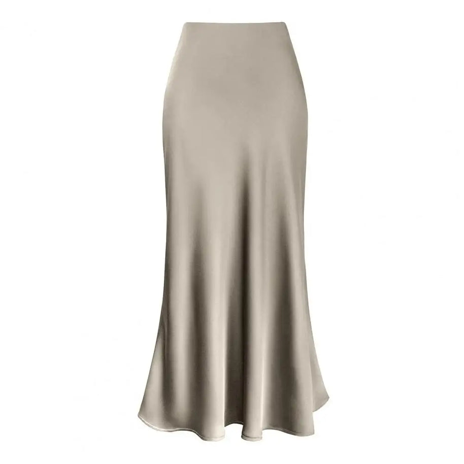 WW | Faux-Seiden-Satin Damenrock Elegant Hohe Taille A-Linie Fischschwanzrock Glänzend Büro Dame Ausgestellt Saum Maxi Rock Gemusterte Röcke