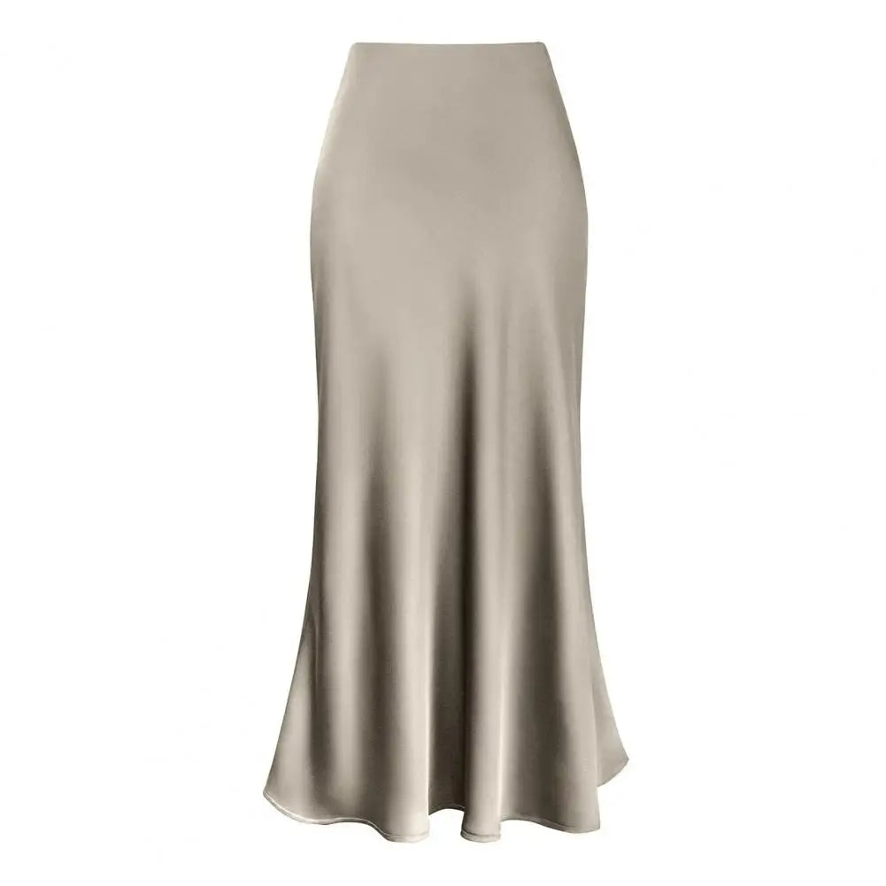 WW | Faux-Seiden-Satin Damenrock Elegant Hohe Taille A-Linie Fischschwanzrock Glänzend Büro Dame Ausgestellt Saum Maxi Rock Gemusterte Röcke