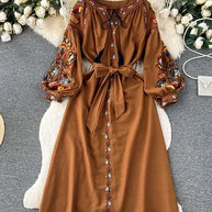 WW | Bestickte Maxikleid aus Leinen mit Laternenärmeln Virjelyn