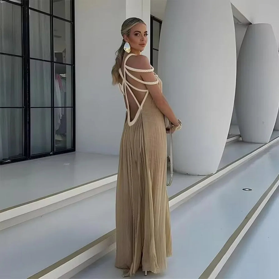 WW | Grüne Bohemia Ferienanzug Frauen Elegant Solid Lässig Lockere Lange Kleider Sommer Sexy Geshitzte Rückenfreier Maxi Strandkleid Neu