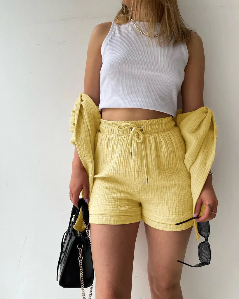 WW | 2 Teiliges Lässiges Nachtwäsche Baumwolle Pyjama für Frauen Umgeschlagenen Kragen Schlaf T-Shirts Set mit Shorts Gas Strickjacke Zuhausekleidung Sommer