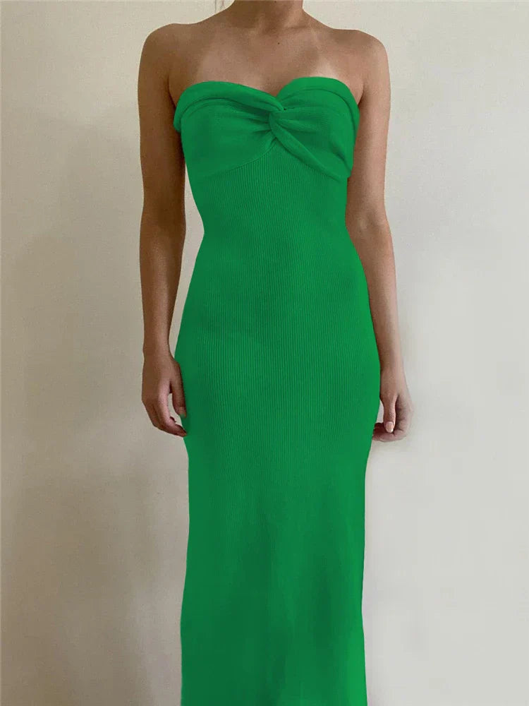 WW | Tossy Strapless Strick Maxi Kleider für Frauen Sommer Strandparty Bodycon Kleid Off Shoulder Twist Strick Abend Rückenfreies Kleid