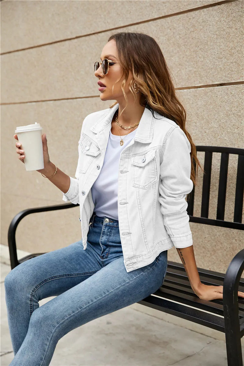 WW | Langärmelige Reverskragen Denim Jacke mit Taschen