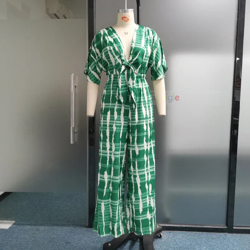 WW | Wefads Damen Jumpsuit Dolman Ärmel V-Ausschnitt Schnürung Tailliert Gedruckte Lockere Weite Beine Legere Hose Romper High Streetwear