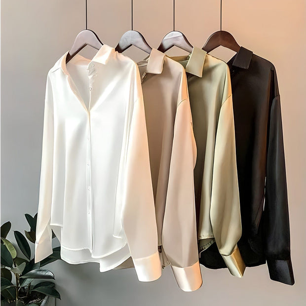 WW | Langärmelige Button-Up Satin Bluse für Frauen