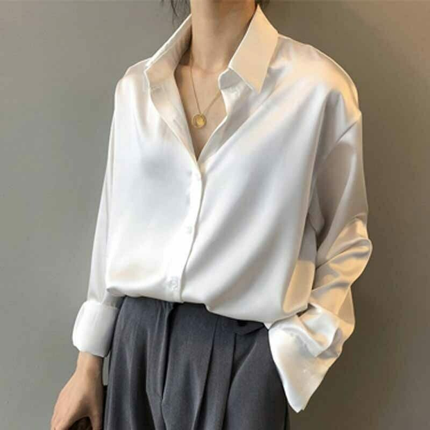 WW | Langärmelige Button-Up Satin Bluse für Frauen
