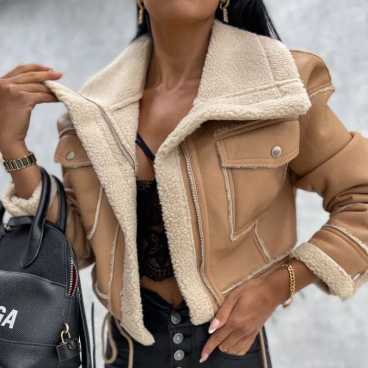 Kunstlederjacke | Kurze Damenjacke mit Fleecefutter für Herbst und Winter