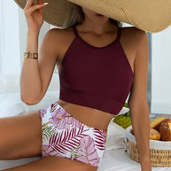 WW | Bikini-Set mit hoher Taille und tropischem Druck für Damen