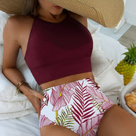 WW | Bikini-Set mit hoher Taille und tropischem Druck für Damen