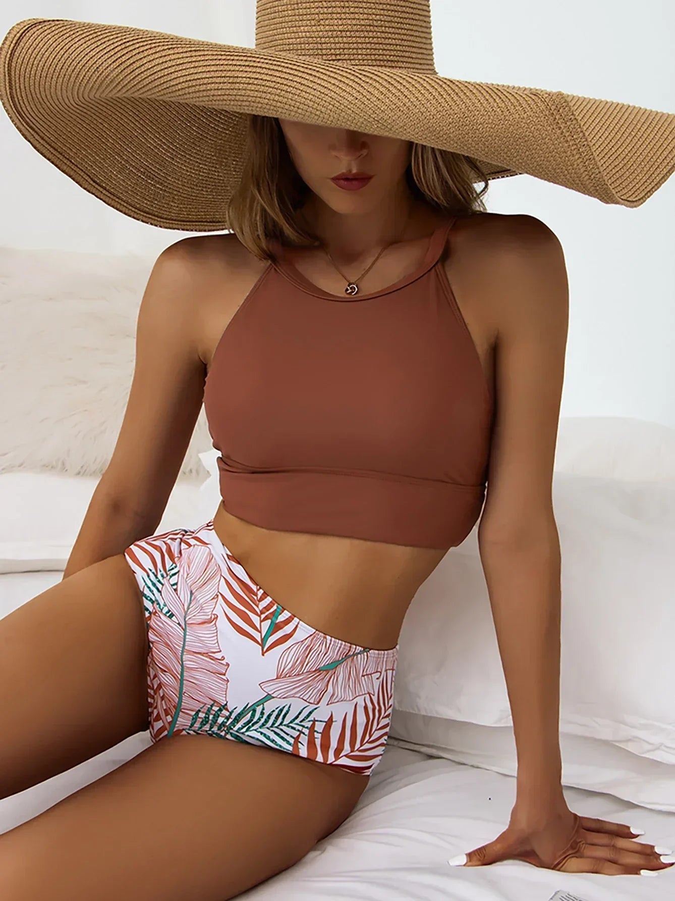WW | Bikini-Set mit hoher Taille und tropischem Druck für Damen