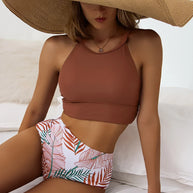 WW | Bikini-Set mit hoher Taille und tropischem Druck für Damen