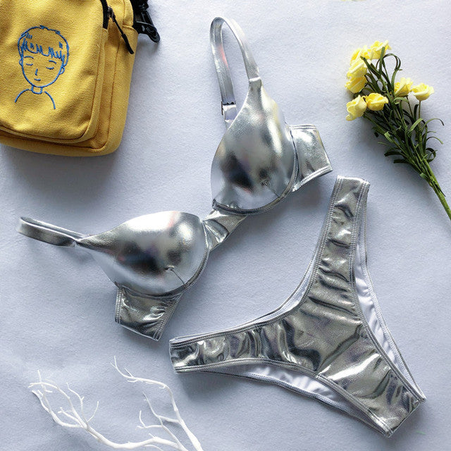 Damen Metallic-Push-up-Bikini-Set mit schimmernder Oberfläche