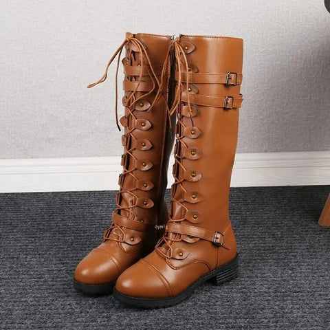 WW | Steampunk Knielange Stiefel Schnürung, Schnallendetail, Pu Leder für Herbst und Winter