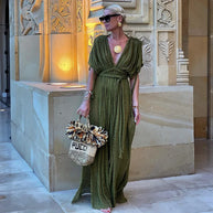 WW | Grüne Bohemia Ferienanzug Frauen Elegant Solid Lässig Lockere Lange Kleider Sommer Sexy Geshitzte Rückenfreier Maxi Strandkleid Neu