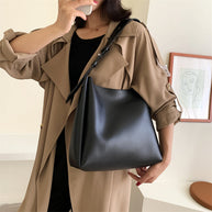 WW Hochwertige Damen Shopper Große Kapazität Schultertasche Reine Farbe Breiter Riemen Weiches PU-Leder