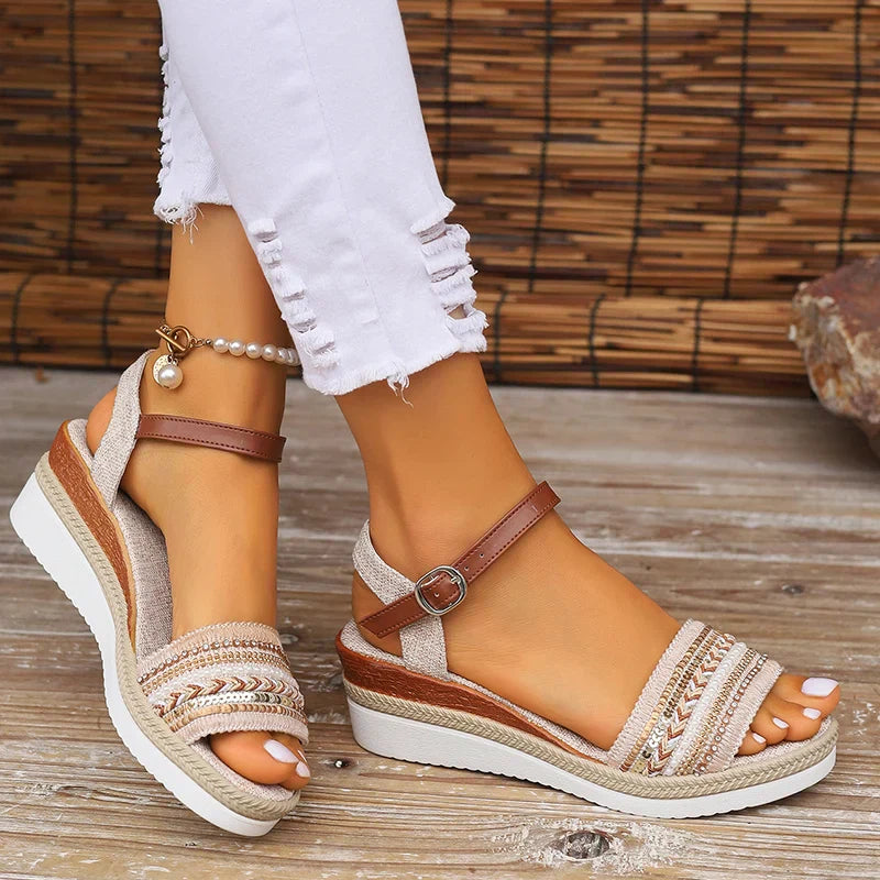 WW | Geflochtene Keilsandalen Für Damen Im Bohemian Stil Mit Schnallenriemen