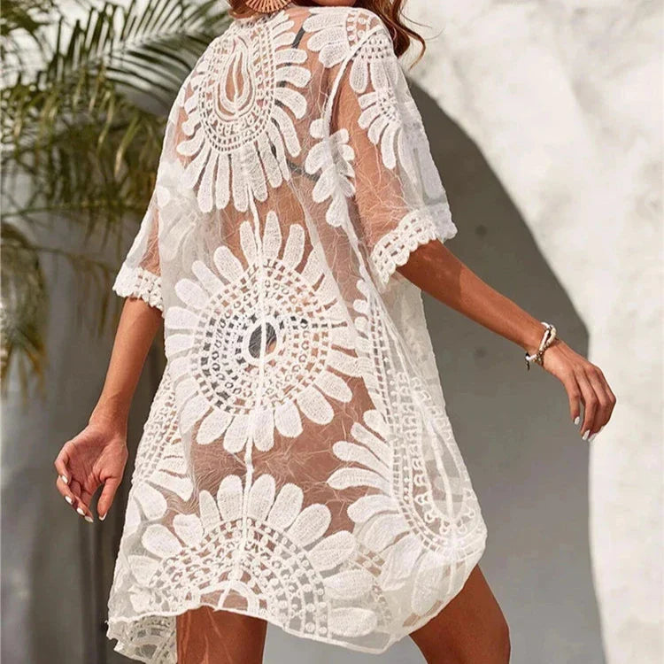 WW | Kimono Strandkleid mit Bestickten Blumen