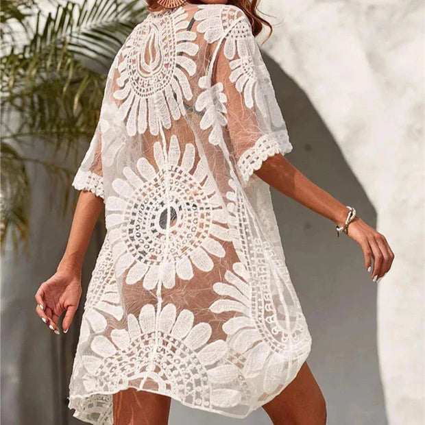 WW | Kimono Strandkleid mit Bestickten Blumen