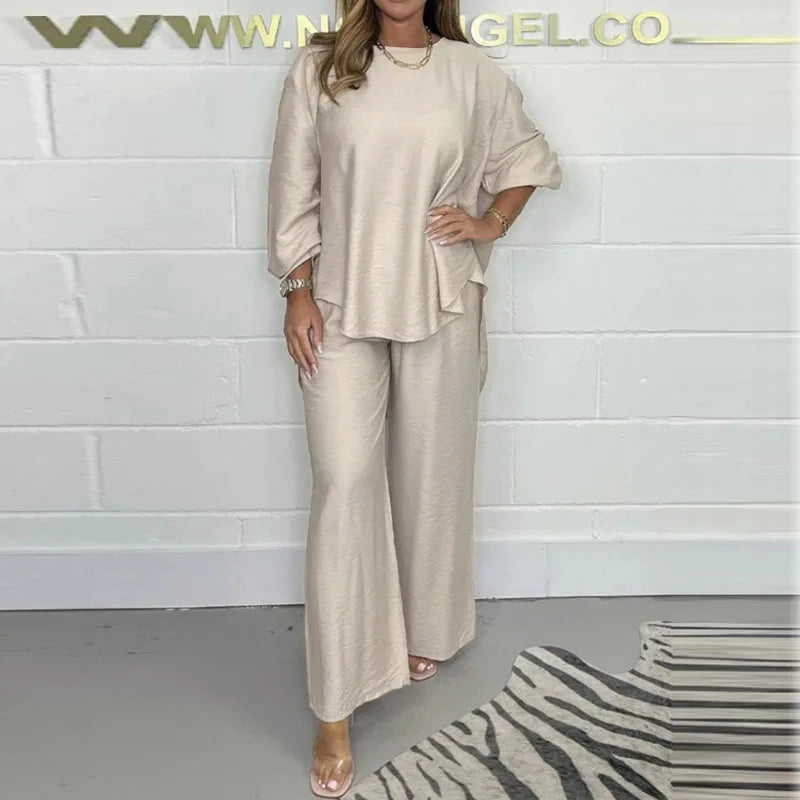 WW | Elegante Lässige Einfarbige Lockere 2Pc Set Mode O-Ausschnitt Langarm Pullover und Breite Bein Hosen Outfits Frühjahr Einfaches Lockeres Weiches Set
