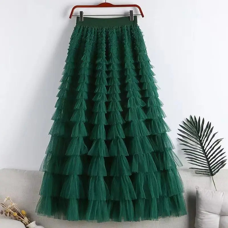 WW | Lässig Damen Solide Ballkleid Lange Rock Tüll Hohe Taille Plissierte Tutu Rock Elegante Damen Wildes Netz Dating Maxi Röcke Drop