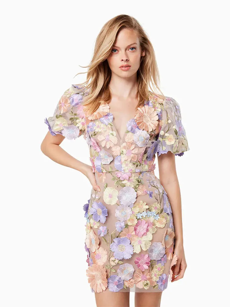 WW | Runway Frühling/Sommer Neu Mesh 3D Blumenstickerei Perspektiv Abend Prom Kleid Frauen Urlaub Robe Vestido Fest