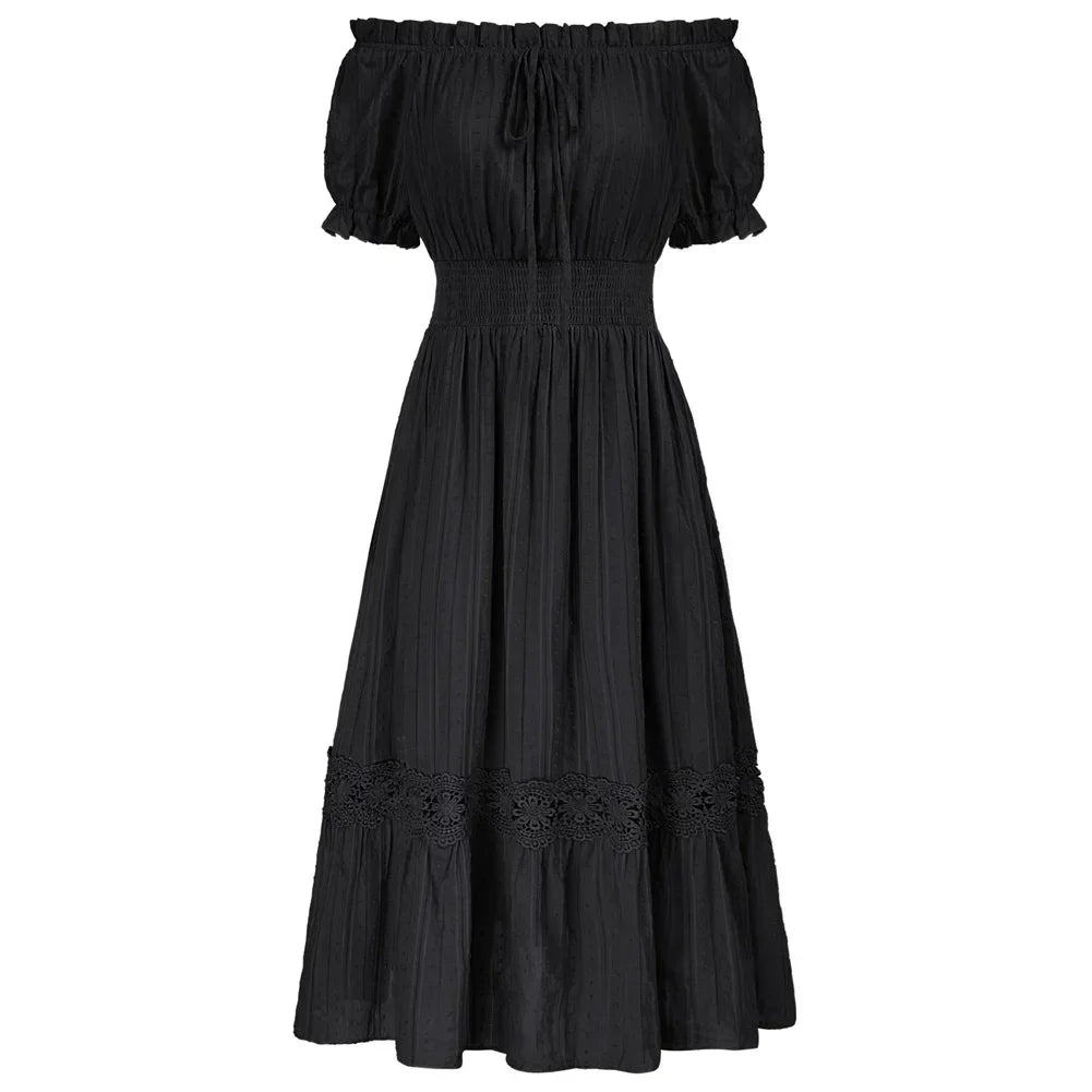 WW | Sd Frauen Renaissance Baumwolle Kleid Sommer Kurzarm Rüsche Off Shoulder Ausgestellt A-Linie Kleid Rüsche Slim Fit Mode Kleider
