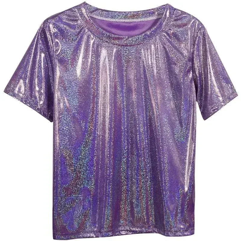 WW | S 5Xl Damen Funkelnd Shiny Metallisch Holografisch Rundhals Kurzarm Lässig Lose Top Festival Party T-Shirt Damenbekleidung