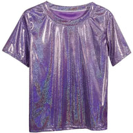 WW | S 5Xl Damen Funkelnd Shiny Metallisch Holografisch Rundhals Kurzarm Lässig Lose Top Festival Party T-Shirt Damenbekleidung