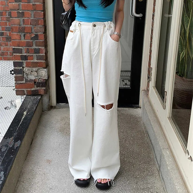 WW | Y2K Mode Kleidung Weiße Baggy Riss Breite Bein Jeans Hosen für Frauen Kleidung Gerade Neu Rock Baumwolle Damen Schick Lange Hosen