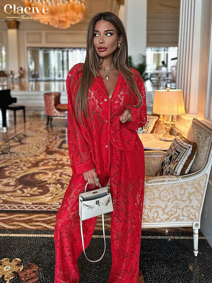 WW | Clacive Sexy Loose Schwarze Spitze Transparente Hosen Set Frauen 2 Stück Mode Langarm Shirt mit Hoher Taille Breite Hosen Set