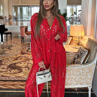 WW | Clacive Sexy Loose Schwarze Spitze Transparente Hosen Set Frauen 2 Stück Mode Langarm Shirt mit Hoher Taille Breite Hosen Set